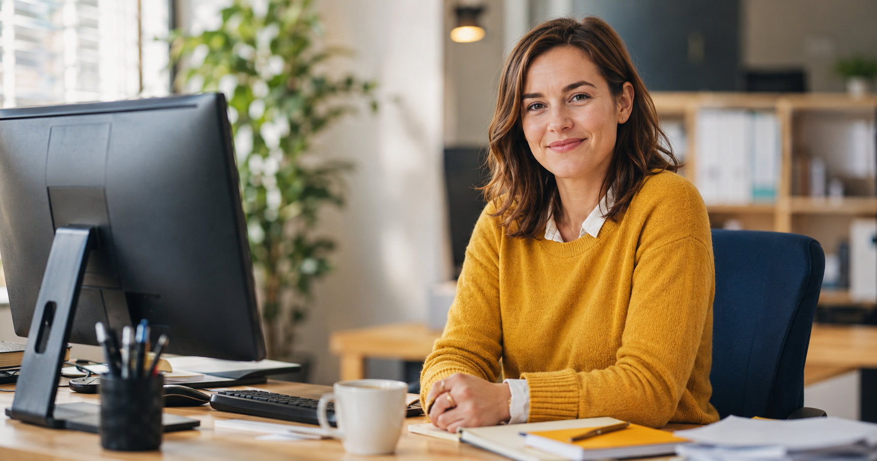 Office worker studying for a government-funded AI apprenticeship at her desk