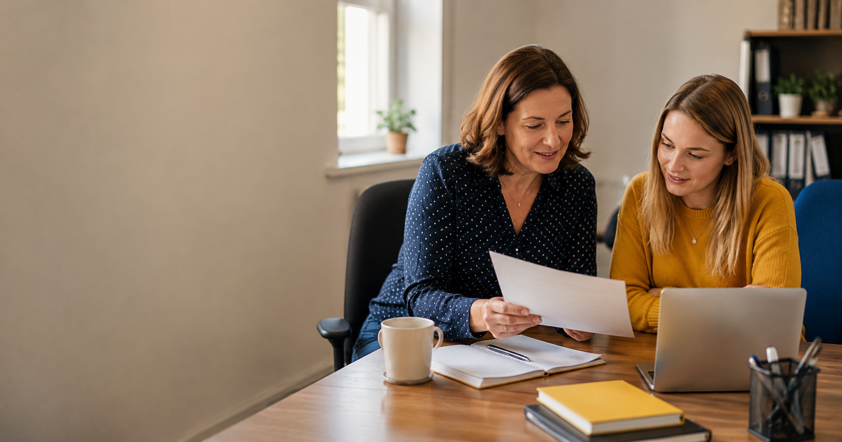 Manager and employee discussing apprenticeship funding options at a desk