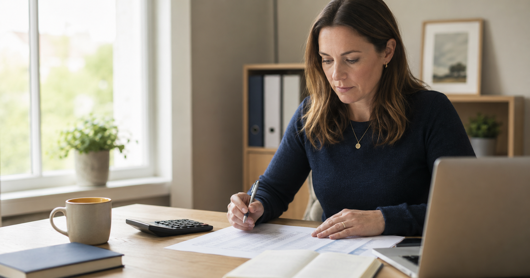 Payroll professional working out an employer's apprenticeship levy contribution at her desk